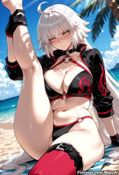 1girl ahoge ai_assisted ai_generated bangs beach bikini black_bikini black_gloves black_jacket blue_sky blush breasts choker cleavage cropped_jacket curvaceous curvy curvy_female curvy_figure day eyebrows_visible_through_hair fate/grand_order fate_(series) female gloves jacket jeanne_d'arc_(alter_swimsuit_berserker) jeanne_d'arc_(fate)_(all) jeanne_d'arc_(swimsuit_archer)_(fate) jeanne_d'arc_alter_(fate) large_breasts long_hair looking_at_viewer miyuai navel o-ring o-ring_bikini o-ring_bottom ocean outdoors red_legwear sand shrug_(clothing) silver_hair single_thighhigh sitting sky solo swimsuit thick thick_ass thick_butt thick_hips thick_legs thick_thighs thigh_strap thighhighs thighs very_long_hair voluptuous voluptuous_female white_hair wide_hips wide_thighs yellow_eyes