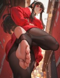1girl ai_generated ass black_hair black_pantyhose blurry breasts dress earrings feet foot_focus fresk0n from_below gold_earrings hairband hand_on_own_hip jewelry large_breasts long_hair looking_at_viewer no_shoes off_shoulder pantyhose patreon_username red_eyes red_sweater sidelocks smile soles solo spy_x_family standing stirrup_legwear sweater sweater_dress toeless_legwear toenails toes white_hairband yor_briar yor_forger