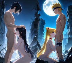 2boys2girls ai_generated bishoujo_senshi_sailor_moon black_hair blonde_hair blowjob crossover crossover_couple crossover_sex crossover_shipping destroyed_city moon naruto naruto_(series) naruto_shippuden night orgy rei_hino sailor_mars sailor_moon uchiha_sasuke usagi_tsukino uzumaki_naruto