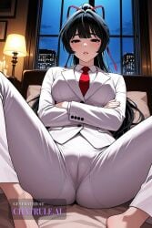 1girl ai_assisted ai_generated anime_screenshot bangs barefoot black_eyes black_hair breasts cameltoe candle_light candles collared_shirt colored comic covered_erect_nipples dark_room formal hair_ribbon half_closed_eyes highres hotel_room jacket large_breasts leotard looking_at_viewer lying_on_back manhwa masturbating mole_under_eye necktie night office on_bed pants parted_lips ponytail red_necktie ribbon rubbing_crotch shirt shy small_breasts solo spread_legs suit viewed_from_below white_pants white_shirt window