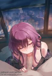 1boy 1girl 2026 ai_generated bare_shoulders black_bra black_jacket blush bra breasts earrings erection fellatio hetero highres honkai:_star_rail indoors jacket jewelry kafka_(honkai:_star_rail) large_breasts long_hair long_sleeves nail_polish nsfw off_shoulder oral penis pink_nails pov pov_crotch purple_eyes purple_hair serain shirt solo_focus uncensored underwear