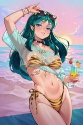 beach bikini choker cocktail eyeshadow grand_theft_auto_vi gta_vi_cover_girl half-closed_eyes hoop_earrings looking_at_viewer lum maia's_paradise navel see-through_clothing sunglasses tattoo translucent_clothing urusei_yatsura