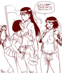 4girls azumanga_daiou blush breasts closed_eyes english_text exposed_breasts exposed_nipples exposed_pussy extreme_crop_top female_pubic_hair fingering flag grabbing_another's_breast groping heart highres inactive_account kagura_(azumanga_daiou) kaorin large_breasts lineart long_hair looking_at_another microskirt monochrome multiple_girls navel nipples no_bra no_panties open_mouth open_shirt partially_clothed pubic_hair pussy sakaki saliva short_hair simple_background skirt small_breasts smile speech_bubble spidu tomo_takino yuri