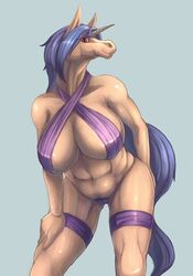 big_breasts breasts equine ershiro female horn horse muscles pose red_eyes solo tiny_head unicorn unknown_artist