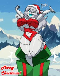 1girls background blue_eyes blue_mouth bow breasts_covered christmas female forsakun gift_box grey_body grey_hair hat holidays metallic_body one_eye_closed original original_character robot robot_girl robot_humanoid santa_hat thighs wrapped_up