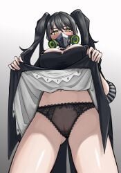 1girls alamo_m388 big_breasts black_hair blush breasts cameltoe dress dress_lift feet_out_of_frame female female_only girls'_frontline large_breasts lifted_by_self long_hair looking_at_viewer low-angle_view mask masked_female navel panties sangvis_ferri scarecrow_(girls'_frontline) twintails upskirt yellow_eyes