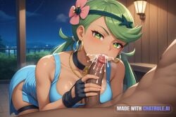 1girl 4k 8k absurd_res african_male aged_down ai_assisted ai_generated all_the_way_to_the_base angry annoyed beautiful beautiful_eyes beautiful_face big_ass black_choker black_gloves blacked blue_jumpsuit brat bratty breath bubble_butt choker cleavage crop_top cum_dump cum_dumpster cum_filled cum_in_mouth cum_overflow cum_splatter cum_string curvy dark dark_skin dark_skin_male deepthroat detailed_background detailed_eyes detailed_face green_eyes green_hair hair_flower hair_ornament mallow_(pokemon)