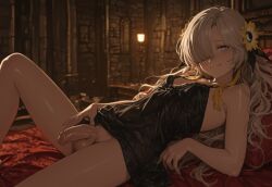 1futa ai_generated black_negligee blush flower_in_hair futanari hair_over_one_eye jouthechou lying_on_back lying_on_bed negligee no_panties penis posing self_upload small_breasts smug solo testicles virtual_youtuber