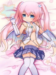 1girls angelic_buster armlet blue_eyes blushing cleavage female female_only hair_ornament long_hair looking_at_viewer maplestory nekono_rin no_panties on_back on_bed opera_gloves partially_clothed pigtails pink_hair skirt_down smile solo solo_focus thighhighs undressing wings