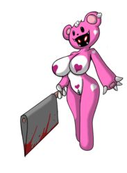 anthro big_breasts bipedal black_sclera blood blood_splatter blood_stain breasts claws cleaver color countershading creepy female female_only front_view fur furry_ears fursuit glowing_eyes heart holding horror lordstevie monster open_mouth pasties pink_body plain_background red_blood red_sclera round_ears scare_bear solo standing tattoo white_background white_body white_claws white_eyes zipper