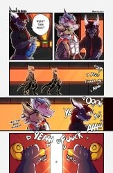 absurd_res aktiloth aktiloth_(character) anthro avali balls blue_penis bodily_fluids bouncing_penis brown_hair claws clothed clothed/nude clothed_anthro clothed_male clothing comic dark_sclera dragon dripping english_text erection excited excited_expression excited_male farsight_(character) feathered_wings feathers fur genital_fluids genitals green_eyes hair hand_on_penis hi_res horn knot knotted_penis leaking_precum male moan multicolored_body multicolored_fur mythological_creature mythological_scalie mythology necktie nude open_clothing open_shirt open_topwear opening_door orange_eyes partially_clothed penis pineapple_(character) precum precum_drip precum_on_penis precum_string purple_body red_eyes saliva saliva_on_penis scalie scarf shirt tail tail_feathers text topwear walking wings