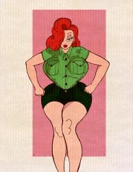 bangs_over_one_eye big_breasts hands_on_hips jessica_rabbit large_ass large_breasts long_hair long_legs looking_at_viewer masochistmaverick red_hair shorts thick_thighs uniform wavy_hair