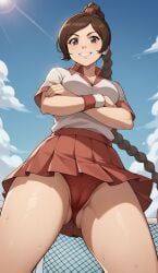 ai_generated ass avatar_legends avatar_the_last_airbender bigmic145 braid braided_hair braided_ponytail breasts cleavage clothed clothed_female clothing female nickelodeon panties pantyshot pleated_skirt sexually_suggestive shirt skirt solo solo_female tease teasing tennis_uniform ty_lee