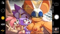 amy_rose anthro bat beach blaze_the_cat breasts covering covering_self embarrassed eulipotyphlan felid feline female female/female genitals group hedgehog hi_res humilation looking_at_another looking_at_viewer male mammal nude penis phone_screen pubes rouge_the_bat sega selfie shadow_the_hedgehog_(android) shumpy sonic_(series) sonic_the_hedgehog_(series) trio
