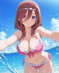 2025 ai_generated beach_background belly brown_eyebrows brown_hair_female holding_camera holding_viewer instagram meta pink_bikini purple_eyes_female splashing_water tummy unknown_artist unknown_character wet_bikini wet_body wet_skin