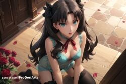 1girls ai_generated aqua_eyes artist_name babydoll bare_shoulders black_hair black_thighhighs blue_eyes bow breasts choker cleavage collarbone fate/stay_night fate_(series) flower garter_belt garter_straps hair_ribbon hairbow hi_res kneeling lingerie long_hair looking_at_viewer medium_breasts panties parted_bangs parted_lips patreon_username petals progenarts red_flower red_ribbon red_rose ribbon rose rose_petals see-through solo thighhighs tohsaka_rin two_side_up underwear