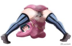 ass black_hair blush breasts cameltoe female large_breasts panties solo striped striped_legwear thighhighs thighs underwear vertical-striped_legwear vertical_stripes