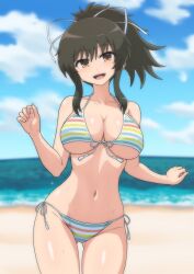 asuka_(senran_kagura) beach bikini black_hair blue_sky blurry blurry_background breasts brown_eyes cameltoe cleavage cloud day female front-tie_bikini_top front-tie_top gluteal_fold hair_ribbon halterneck highres kinnan large_breasts long_hair looking_at_viewer multicolored_bikini multicolored_stripes navel ocean open_mouth outdoors ponytail rainbow_bikini revision ribbon senran_kagura senran_kagura_shoujo-tachi_no_shin'ei short_ponytail side-tie_bikini_bottom sidelocks sky solo string_bikini striped_bikini striped_clothes swimsuit white_ribbon