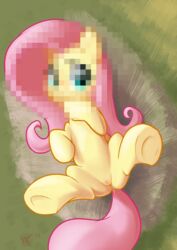 2014 ajin censored equine female fluttershy_(mlp) foot_focus friendship_is_magic fur hair hindpaw hooves horse identity_censor looking_at_viewer lying mammal my_little_pony on_back paws pink_hair pointless_censoring pony pussy solo yellow_fur