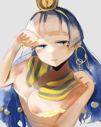 :d blue_eyes blue_hair blunt_bangs blush bra_tug breasts clenched_hand earrings facial_mark female fossilized_wonders gold_headdress gold_jewelry hair_ornament highres jewelry key_earrings looking_to_the_side michigami_nareko nyan_shitai parted_lips paw_pose smile solo touhou triangle triangle_facial_mark