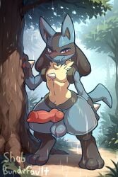 3:4 animal_genitalia animal_penis anthro artist_name balls blue_body blue_fur bodily_fluids bundefault canid canine canine_genitalia canine_penis detailed digital_drawing_(artwork) digital_media_(artwork) erection fur generation_4_pokemon genitals humanoid knot looking_at_viewer lucario male mammal nintendo nude penis pokemon pokemon_(species) signature smile solo tail text