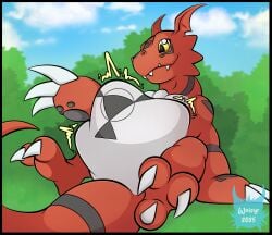 3_toes ambiguous_gender bandai_namco black_border border digimon digimon_(species) feet feral forest forest_background guilmon hi_res hyper hyper_belly nature nature_background null plant same_size_vore scalie soft_vore solo stomach_bulge toes tree vore vore_belly weisyr