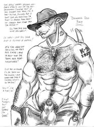 2002 abs anthro barazoku biceps borni canine chest clothing cum dagger_doo flaccid fur furry great_dane hairy hat looking_at_viewer male male_only mammal muscles nipples open_pants pants pecs penis redneck solo tattoo text topless