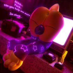 1:1 3d_(artwork) absurd_res anthro anus ass backsack balls blurred_background butt_focus clothing digital_media_(artwork) dutch_angle electronics english_text five_nights_at_freddy's five_nights_at_freddy's:_help_wanted furniture genitals glitchtrap hi_res inside jizzyfox lagomorph legs_together legwear leporid male mammal on_table pawpads perineum profanity purple_balls purple_clothing purple_legwear purple_thigh_highs rabbit rear_view scottgames scut_tail short_tail solo star_print stuck table tail television text thigh_highs toeless_thigh_highs watermark