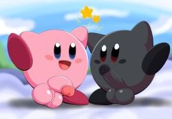 absurd_res balls big_balls big_penis cloud cloudy_sky duo erection genitals hand_holding hands_up hi_res humanoid_genitalia humanoid_penis kirby kirby_(series) male male_only nintendo penis raised_leg shadow_kirby sky smile tepigfan101 waddling_head why