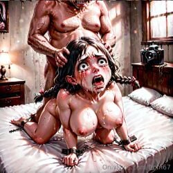 ai_generated anal anal_sex bed bedroom black_hair bondage braid braided_hair braided_ponytail braided_twintails chubby chubby_female crying crying_with_eyes_open doggy_style forced from67 monster nightmare no_escape nonconsensual rape screaming tied_up trap trapped young younger_female