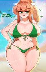 1girls beach big_breasts bikini blush blush breasts breasts_bigger_than_head brown_hair busty busty_female cameltoe curvy curvy_figure doki_doki_literature_club glistening glistening_body glistening_breasts glitch gothtrishy green_clothing green_eyes hand_on_hip heart huge_breasts lipstick long_hair looking_away micro_bikini monika_(doki_doki_literature_club) nail_polish open_mouth open_mouth panties red_lipstick ribbon seductive seductive_eyes seductive_look seductive_pose seductive_smile shiny_breasts shiny_hair shiny_skin shiny_thighs small_waist smug sunlight sweat sweatdrop sweating sweaty text thick thick_legs thick_thighs thighs