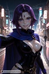 ai_generated dc dc_comics forehead_mark grey_skin naughtygirlsai purple_hair raven_(dc) short_hair teen_titans