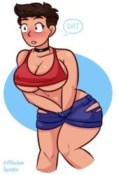 blush breasts brown_hair choker cleavage covered_nipples cropped_legs english_text female large_breasts short_hair shorts solo speech_bubble standing underboob