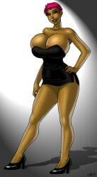 bare_shoulders breasts cleavage dark_skin female high_heels huge_breasts jewelry legs lips makeup pink_hair short_hair skirt solo strapless