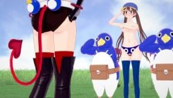 2girls ass breasts brown_hair cap completely_nude covering_breasts disgaea disgaea_1 disgaea_4 etna female fuka_kazamatsuri koikatsu koikatsu_(medium) light-skinned_female light_skin nippon_ichi_software nude panties_only prinny topless topless_female ultimateenf