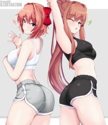2girls ass bruunoscp doki_doki_literature_club female gym_clothes monika_(doki_doki_literature_club) sayori_(doki_doki_literature_club) shorts tagme tank_top