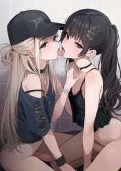2boys absurdres arm_support baseball_cap black_camisole black_choker black_hair black_hat black_wristband blonde_hair blue_eyes blue_shirt bottomless bra_strap bracelet camisole choker commentary crossdressing cute_femboy decensored earrings erection femboy femboy_on_femboy flat_chest french_kiss gay hair_ornament hairclip half-closed_eyes hand_on_another's_chest hat heart heart_earrings heart_o-ring highres jewelry kissing light_blush long_hair looking_at_viewer male male_focus multiple_boys o-ring o-ring_choker open_mouth original otoko_no_ko penis saliva seiza shirt sitting strap_slip stud_earrings sweat third-party_edit tile_wall tiles tongue tongue_out turisasu twintails uncensored very_long_hair wristband yaoi