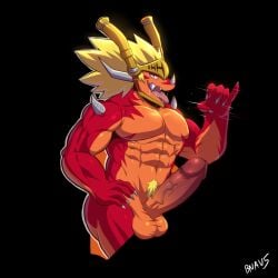 1:1 abs absurd_res anthro armor balls blonde_hair bna_v5 bushiroad dragon drum_bunker_dragon future_card_buddyfight genitals hair headgear helmet hi_res male muscular muscular_anthro muscular_male mythological_creature mythological_scalie mythology obliques orange_body orange_skin pecs penis red_body red_skin scalie solo tail vein veiny_penis