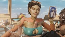 1boy 1girls 3d 3d_(artwork) 3d_model 4k apex_legends beach blender blender_(software) breasts brown_hair dzooworks fishnet_armwear fishnet_clothing fishnets high_quality high_resolution highres imminent_sex large_breasts large_penis loba_(apex_legends) mirage_(apex_legends) muscular muscular_male partially_clothed penis_between_breasts penis_under_clothes phone phone_screen public respawn_entertainment titjob video_game_character video_games watermark yellow_eyes