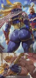 1girl1boy ai_assisted ai_generated all_might american american_flag_clothing american_flag_print ass ass_focus back_view big_ass blonde blonde_female blonde_hair blonde_hair_female blonde_hair_male blonde_male cathleen_bate creampie cum cum_in_pussy cum_inside english english_text heart_symbol heroine light-skinned_female light-skinned_male light_skin long_hair missionary missionary_position muscular muscular_female muscular_male my_hero_academia outdoors outside sex shexyo star_and_stripe_(my_hero_academia) superhero thick thick_thighs thighs toshinori_yagi vaginal_penetration vaginal_sex viewed_from_behind