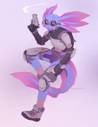 absurd_res amphibian anthro armor axolotl balls blue_body bodily_fluids boots casual clothed clothing firearm footwear genital_fluids genitals gun handgun handwear hi_res male marine maxmushroom mole_salamander precum ranged_weapon revolver salamander shoes solo tail weapon