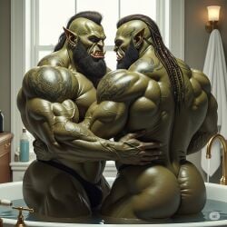 ai_generated ass bath bathroom beard black_beard black_hair green green_body green_skin male male_only muscles muscular muscular_male orc orc_male piercing piercings tattoo tattoos water