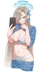 1girls absurdres alternate_costume asuna_(blue_archive) blue_archive blue_eyes blue_halo blue_pants blue_shirt bra breasts brown_hair cellphone cleavage clothes_lift clothes_pull hair_over_one_eye halo highres holding holding_phone kono_(xerondan321) large_breasts lifting_own_clothes long_hair looking_at_viewer mole mole_on_breast navel panties pants pants_pull phone shirt shirt_lift solo stomach underwear very_long_hair white_bra white_panties