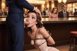 2boys 2girls ai_generated arms_behind_back balls bar_(place) bare_shoulders beauty_and_the_beast belle belle_(beauty_and_the_beast) bondage bound bound_arms breasts brown_eyes brown_hair crowd dress erection eugenericai fellatio female formal hand_on_another's_head indoors irrumatio jacket lips long_hair looking_at_another male medium_breasts multiple_boys multiple_girls necktie oral pants penis penis_out restrained rope shibari_over_clothes small_breasts solo_focus straight suit testicles uncensored underwear white_dress