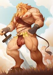 abs anthro balls biceps bottomwear clothing cloud felid genitals hi_res humanoid_genitalia humanoid_penis lion loincloth male mammal melee_weapon muscular muscular_anthro muscular_male nipples pantherine penis solo sword tail tuji_han weapon