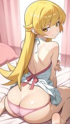 ai_generated anime ass backless_dress bare_shoulders bed bedroom blonde_hair blush focus kinkyfuel looking_back monogatari_(series) open_clothes oshino_shinobu panties pink_panties sitting solo suggestive yellow_eyes