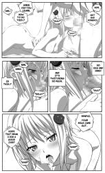 2girls ass blue-senpai blush breasts censored closed_eyes comic english_text fellatio from_side greyscale half-closed_eyes high_school_dxd koneko_toujou looking_at_viewer monochrome mosaic_censoring nipples nude on_stomach oral penis rias_gremory sex small_breasts straight tongue tongue_out