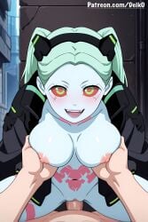 ai_generated alley blue_skin blush cowgirl_position cyberpunk:_edgerunners day deik0 fangs grabbing_another's_breast grabbing_breasts green_eyes green_hair jacket jacket_only jacket_open large_breasts looking_at_viewer medium_hair nipples open_mouth outdoors rebecca_(edgerunners) red_eyes sex smile tattoo tattoos twintails vaginal_penetration vaginal_penetration vaginal_sex