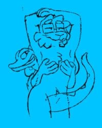armpits blue_background breasts completely_nude covering covering_crotch gex_(series) gex_the_gecko monochrome mootzilla tagme
