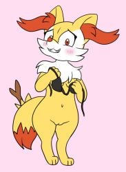 anthro anthro_female anthro_only belly_button black_bra bra braixen breasts danel embarrassed embarrassed_nude_female female female_focus female_only furry furry_female furry_only nintendo pokemon pokemon_(species) pussy solo solo_female vagina